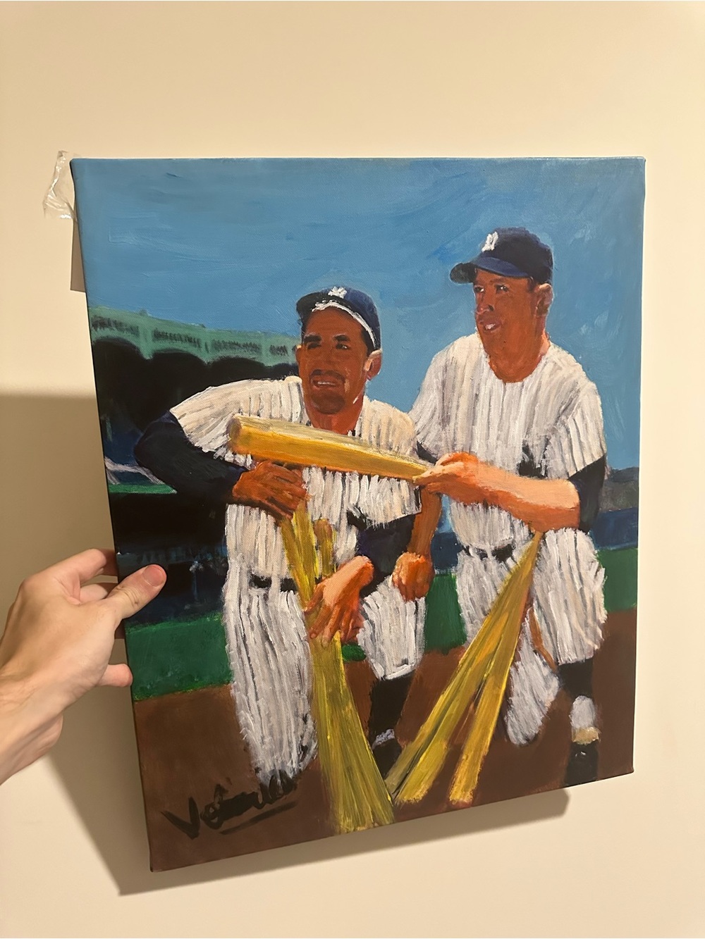 Yogi Berra & Mickey Mantle painting 16x20 Yankee stadium Hand-Painted Baseball